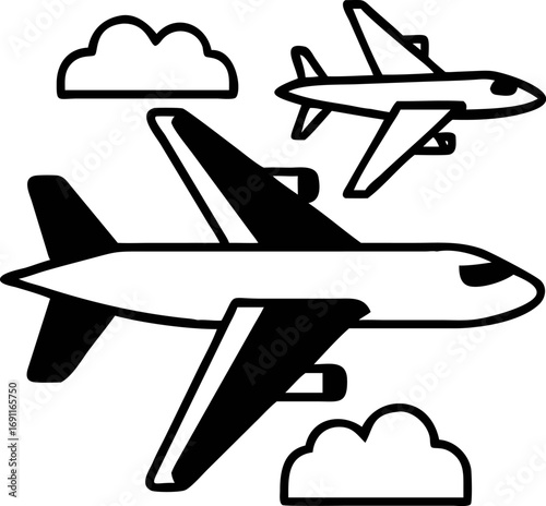 Commercial airplanes flying through fluffy clouds in the sky. A simple black and white line art vector graphic icon for aviation and travel (770).eps