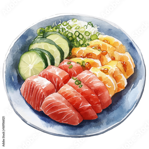 Sashimi, watercolor painting vector, isolated on a white background.