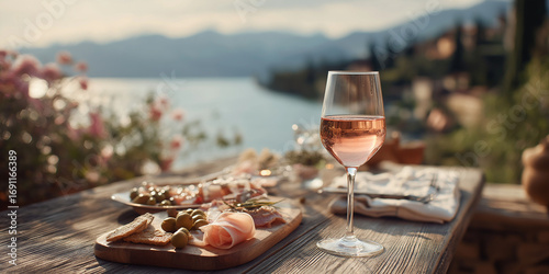 Garda Classico DOC wine, delicate pink rosé in transparent glass, served with antipasti on rustic wooden table, view of Garda lake in background
