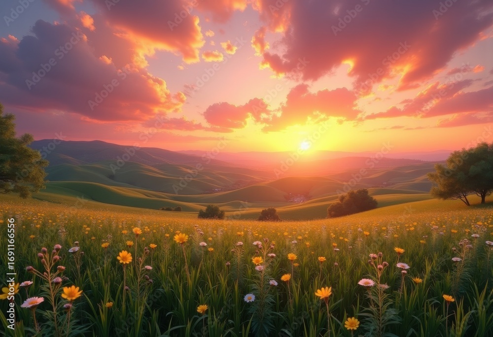 Obraz premium vibrant sunset over rolling hills scenic view colorful sky lush greenery majestic landscape, scenery, nature, evening, dusk, clouds, meadow, terrain, valley