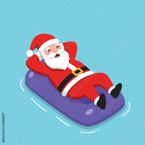 Santa Claus relaxing on purple inflatable sled enjoying Christmas holiday winter season vector illustration 