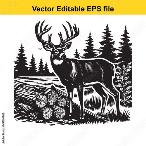 Black and white illustration of a deer standing in a forest with logs