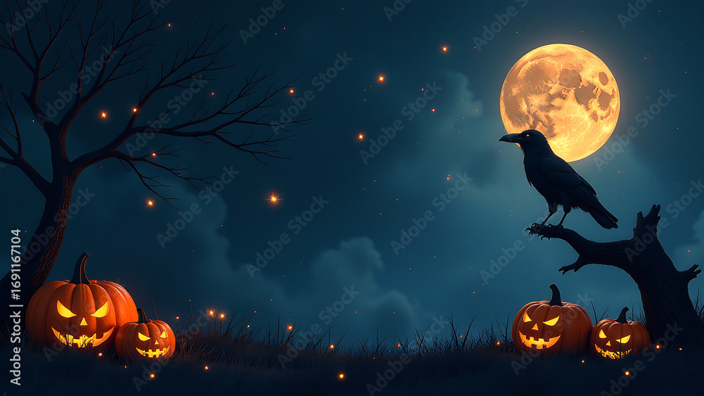 Fototapeta premium hauntingly elegant layout features handwritten lettering dark ink deep blue background surrounded minimalist pumpkin