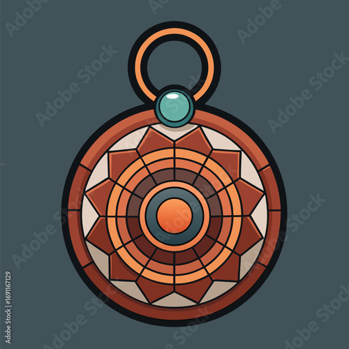 Artistic illustration of a stylized geometric pendant with a round shape and intricate design featuring orange and brown colors.