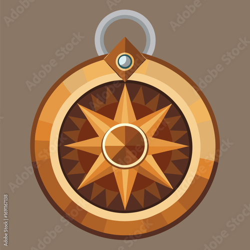 Artistic illustration of an antique golden compass pendant featuring a detailed eight point star navigation symbol with elegant design.