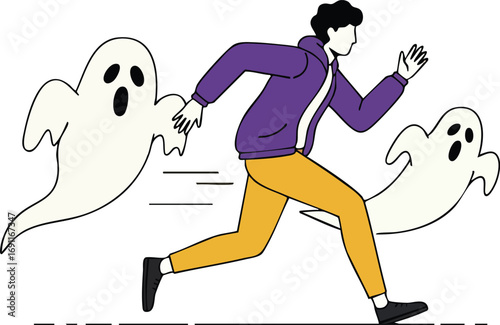 Person running away from two white ghosts in purple jacket and mustard pants vector illustration