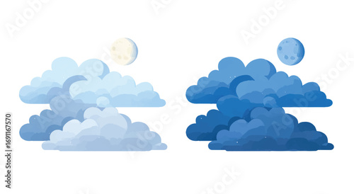 Day and night sky illustration with clouds and moon in contrasting light tones