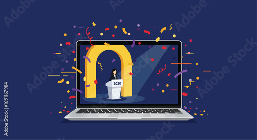 A virtual graduation ceremony is displayed on a laptop screen, with confetti falling and a speaker at a podium under a golden arch, celebrating success