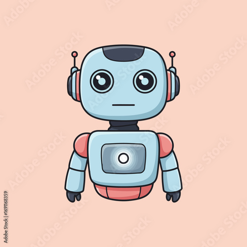 Cute Cartoon Robot with Serious Expression on Peach Background.