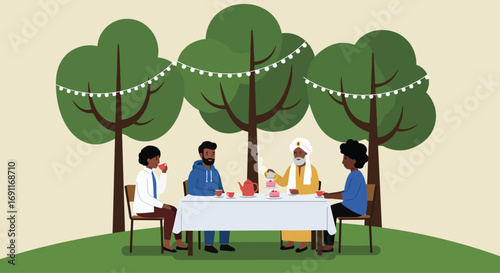 A group of friends are enjoying a tea party in a garden with trees and string lights, creating a warm and inviting atmosphere for socializing