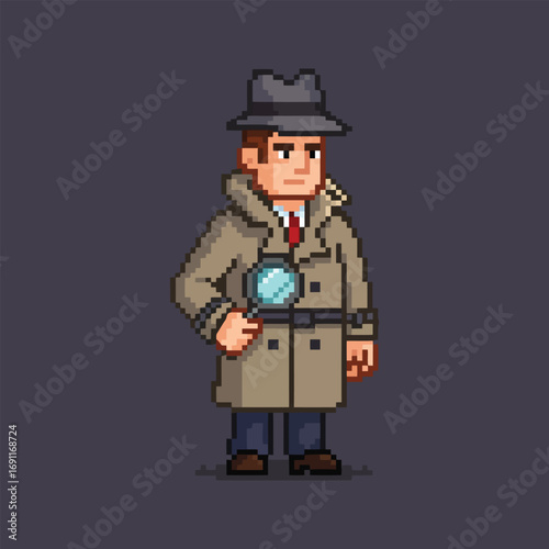 Pixel art detective with magnifying glass ready to solve the case.