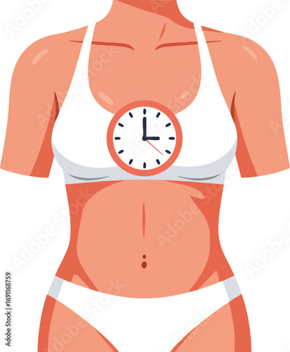 Female torso in white underwear with clock symbol representing menstrual cycle timing and health awareness vector illustration 