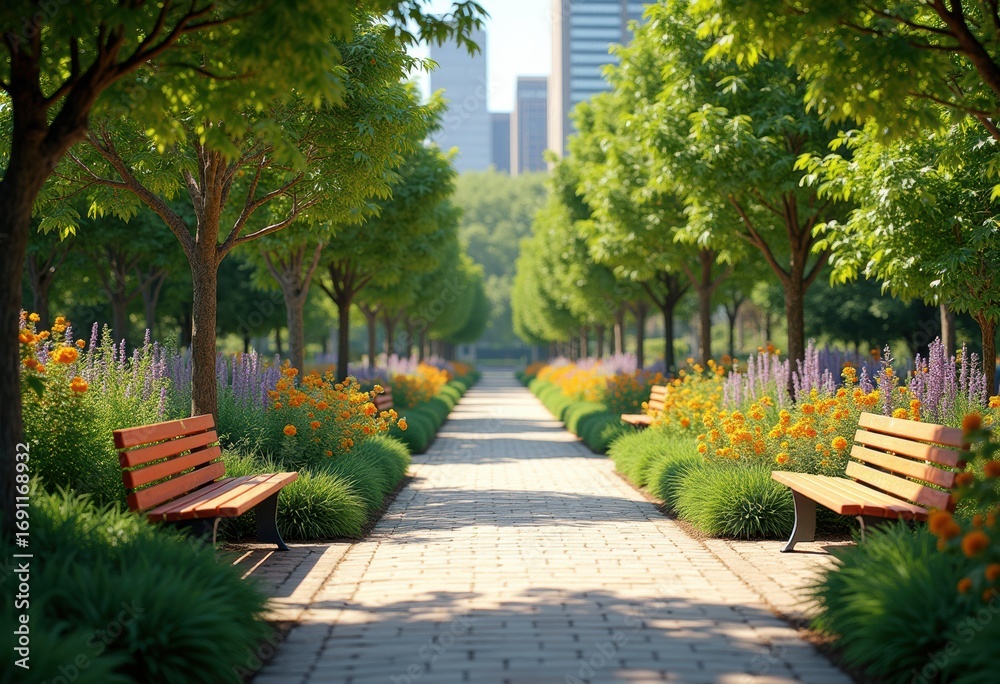 Obraz premium vibrant city park colorful native plants flora green space lush garden urban oasis nature beauty art, community, greenery, wildflower, lawn, tree, bloom