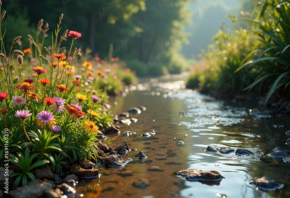 Naklejka premium polluted riverbanks contrasted vibrant wildflowers nature pollution flora colorful landscape, greenery, beauty, stream, rural, ecosystem, habitat, blooming