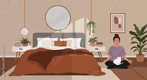A woman meditating with a cat in a bedroom with a bed and a mirror isolated on white background