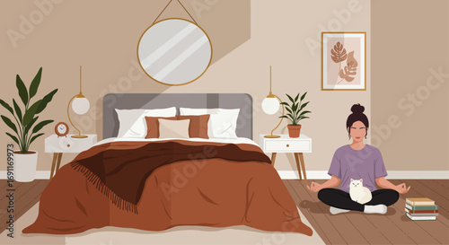 A woman meditating with a cat in a bedroom with a bed and a mirror isolated on white background