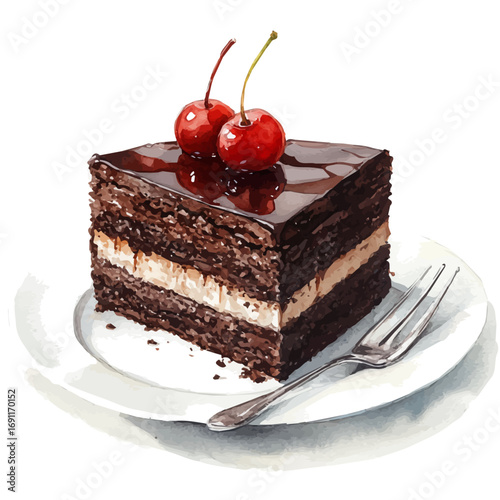 Sacher Torte, watercolor clipart vector, isolated on a white background.