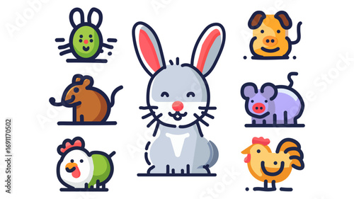 Adorable farm animal icons set for children's books or educational material with a cute, modern design