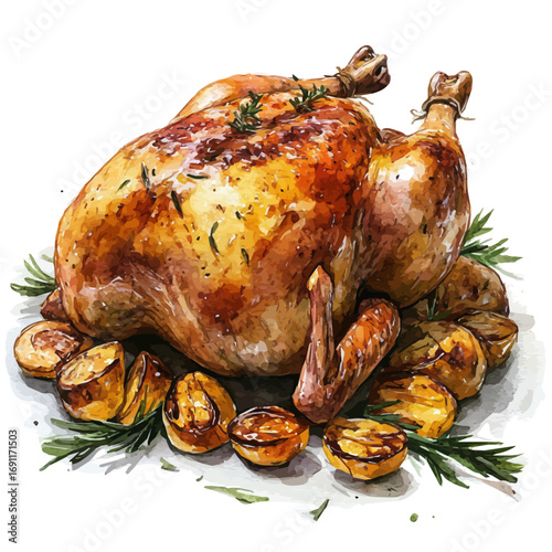 Roast Chicken, watercolor vector, isolated on a white background.