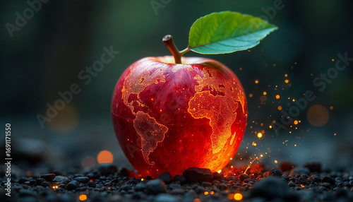 Apple shaped like planet Earth, but the surface is made of glowing magma, fiery cracks, and molten textures.