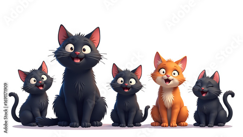 playful cartoonish black cat sits bright white background showcasing various comical poses expressions bold flat wall