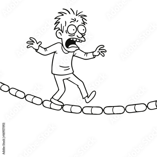 Crazy mad psychotic man walking on a rope made of medical pills