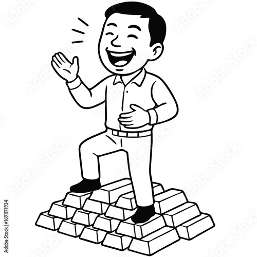 Man standing on gold bars, happy