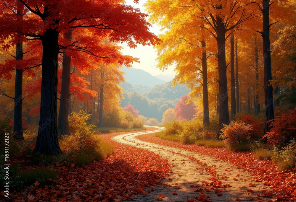 Fototapeta premium vibrant fall foliage colorful tree canopy winding forest trail nature scenic path autumn leaves, trails, woodland, orange, yellow, red, green, tranquil