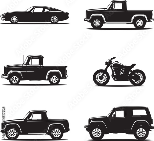 Vehicle Silhouettes Featuring a Classic Car, Pickup Trucks, a Motorcycle, and Two SUVs in Black and White Style