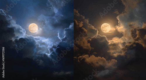 Dramatic moonlit skyscape featuring contrasting colors and ethereal cloud formations providing a sense of mystery and wonder