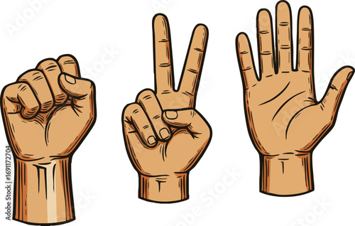 Hand Gesture Signs Vector Illustration Showing Fist Peace and Open Palm Symbols for Communication and Expression 