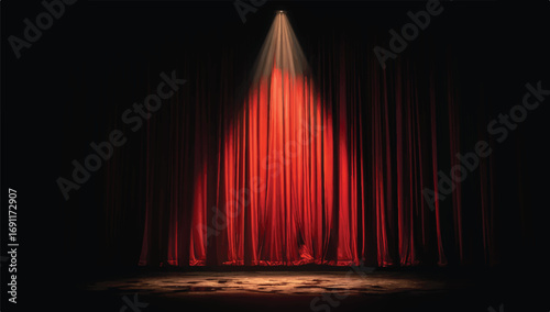 Dramatic red stage curtain illuminated by a single spotlight creating a theatrical atmosphere and anticipation for a performance