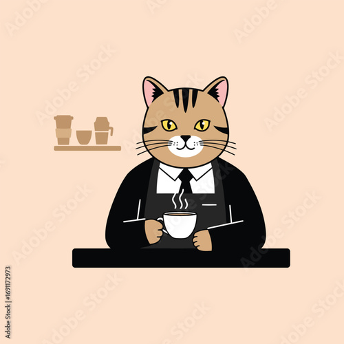 A cute cat barista serving coffee with a smile.