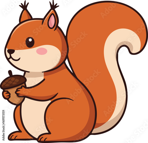 Red squirrel holding acorn cute animal cartoon vector illustration in simple style 
