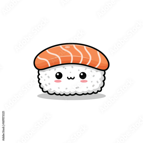 Cute kawaii salmon nigiri sushi cartoon character.