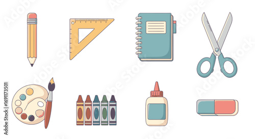 A colorful collection of essential school and art supplies, including stationery, drawing tools, and crafting materials, perfect for students and creative projects