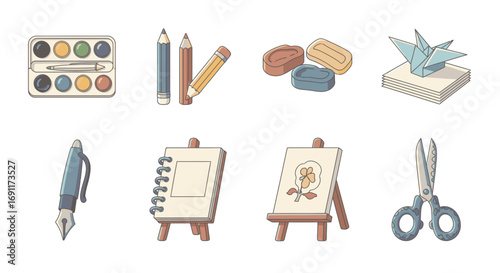 A charming collection of illustrated icons representing art supplies, stationery, and creative hobbies. Vector set for artistic and educational concepts