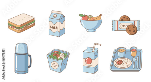A charming illustrated icon set of various school lunch and cafeteria meal items, including sandwiches, fruit, and drinks
