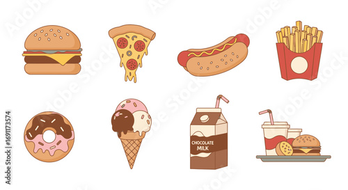 A delightful array of popular fast food and sweet indulgence icons, featuring burgers, fries, pizza, donuts, and ice cream, designed for various casual dining themes