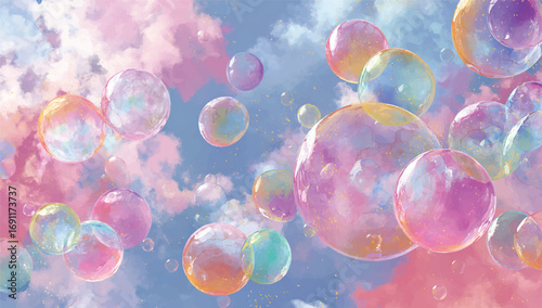 Dreamy soap bubbles floating in a sky full of pastel clouds creating ethereal beauty for various designs