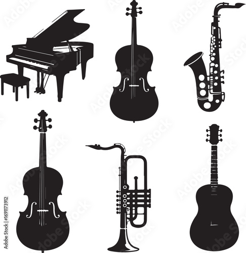 Musical Instrument Silhouettes Featuring a Piano Cello Saxophone Viola Trumpet and Guitar in a Bold Black and White Design