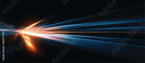 Dynamic light streaks forming a starburst pattern in orange and blue against a black background ideal for tech concepts