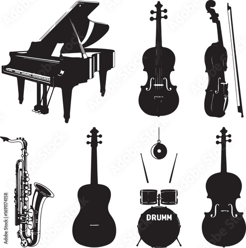 Silhouetted Musical Instruments Composition A Symphony of Sound Depicted Through Piano Violin Saxophone Guitar and Drums for Music Enthusiasts