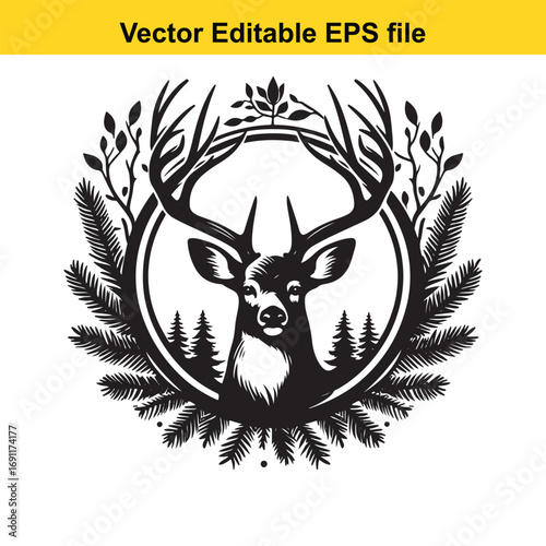 Deer head with antlers and pine branches in a circle, isolated on white background