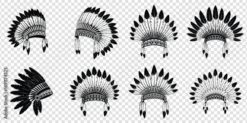 Black and white silhouettes of birds in a floral pattern design with a sun symbol, native american feather headdress, black and white, sketchy illustration, detailed, intricate patterns, tribal design