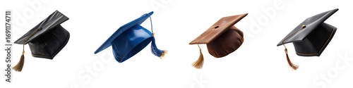 Set of Elegant 3D rendering of a graduation cap with flying tassel, isolated on a transparent background.