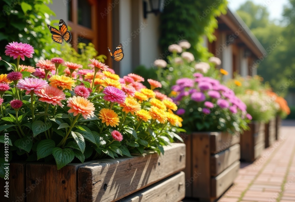 Fototapeta premium vibrant flowerbeds colorful blossoms raised wooden planters harmonizing nature garden design, bloom, petal, vegetable, herb, soil, container, landscape