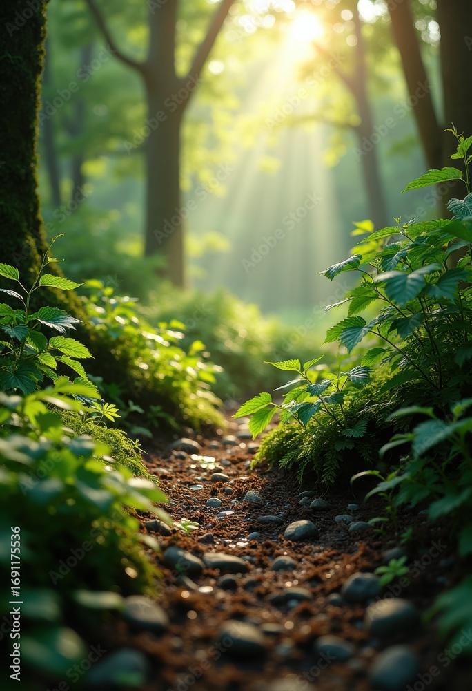 Obraz premium vibrant forest regrowth after storm erosion lush greenery resilient plants nature recovery, hillside, foliage, trees, soil, sprouts, environment, spring