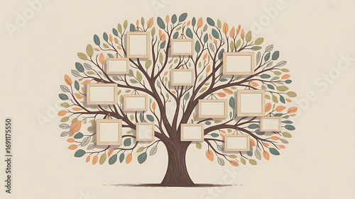 Decorative family tree illustration with blank photo frames and leaves