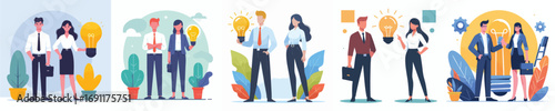 Business People with Light Bulb – Teamwork and Innovation Concept Illustration